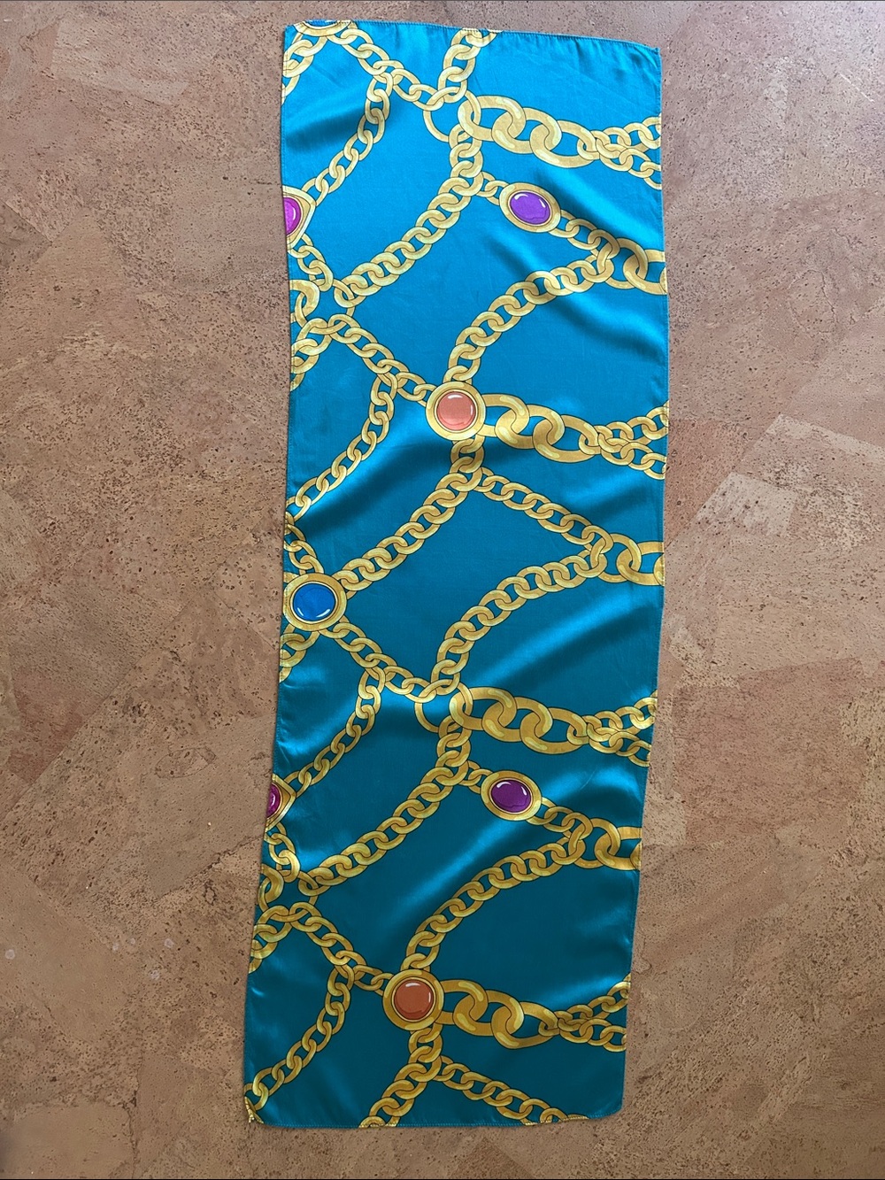 St. John Turquoise Chain-Print Silk Scarf with Jewel Motifs
